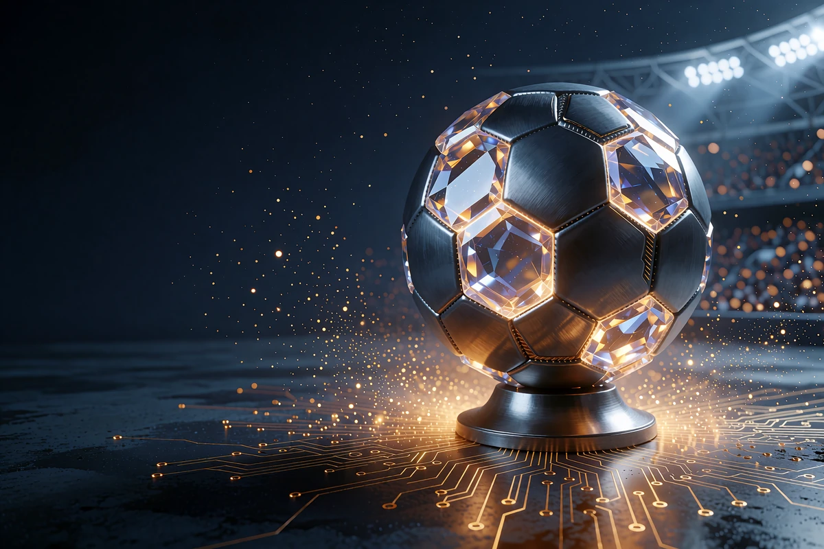 Fodbold af krystalpaneler p&aring; gunmetal-piedestal foran en natlig stadionskygge - illustration til Winnas sportsbook