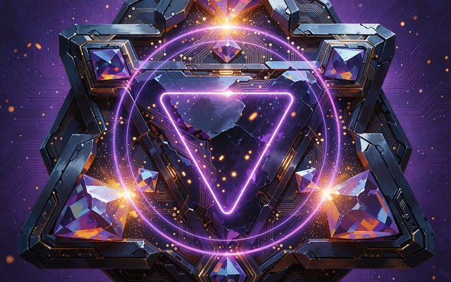 Neonviolet omvendt trekant i lysende ringe p&aring; lilla baggrund - illustration til Hacksaw Gaming-slots hos Winna