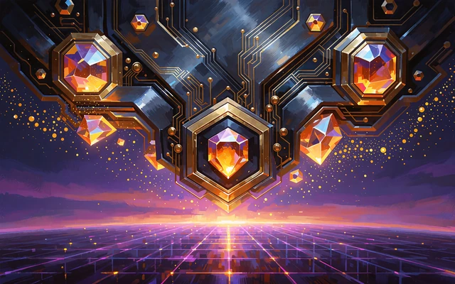Sekskantet guldm&aelig;rke med ravfarvet &aelig;delsten over violet neonhorisont - illustration til Nolimit City-slots
