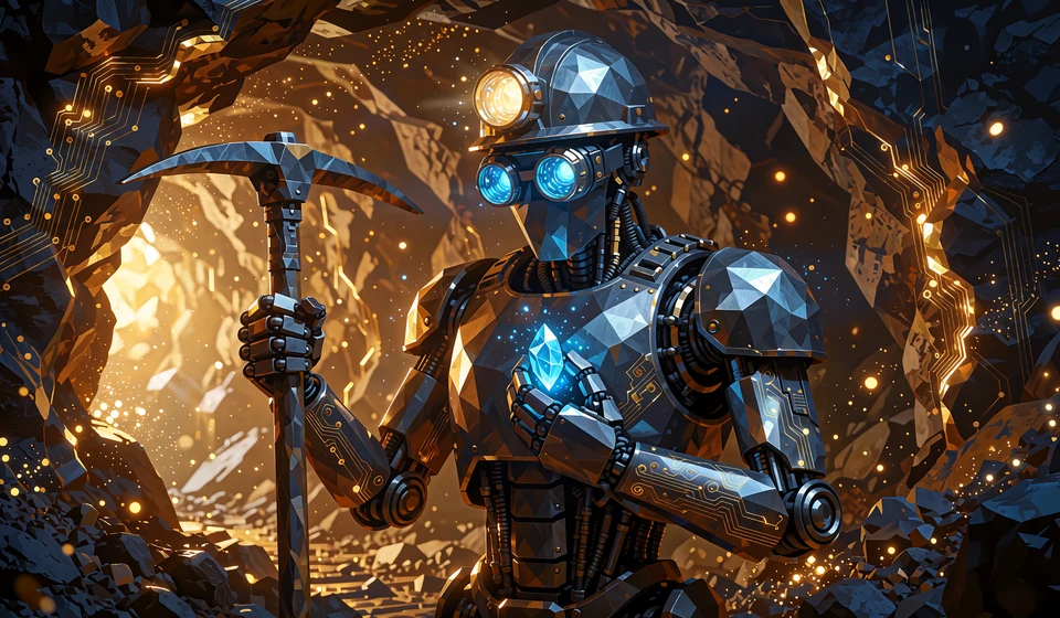 Robotminearbejder med hakke og bl&aring; krystal i guld&aring;ret mine - illustration til Winnas provably fair Mines-spil